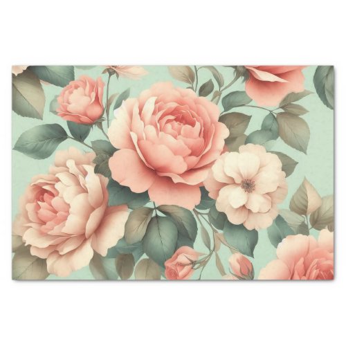 Blush Pink Roses Mint Greenery Decoupage Tissue Paper