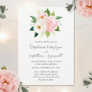Blush Pink Roses Modern Watercolor Floral Wedding Invitation