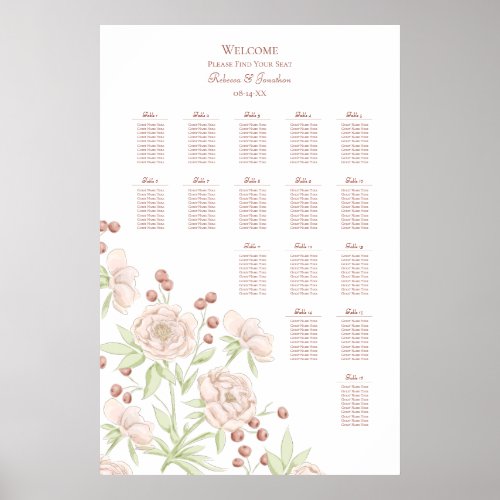 Blush Pink Roses Modern Wedding Seating Chart