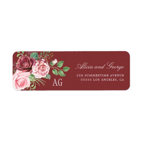 Blush Pink Roses Monogrammed Burgundy Wedding Label