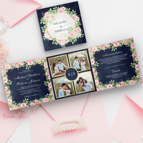 Blush Pink Roses Navy Blue Photo Collage Wedding Tri_Fold Invitation