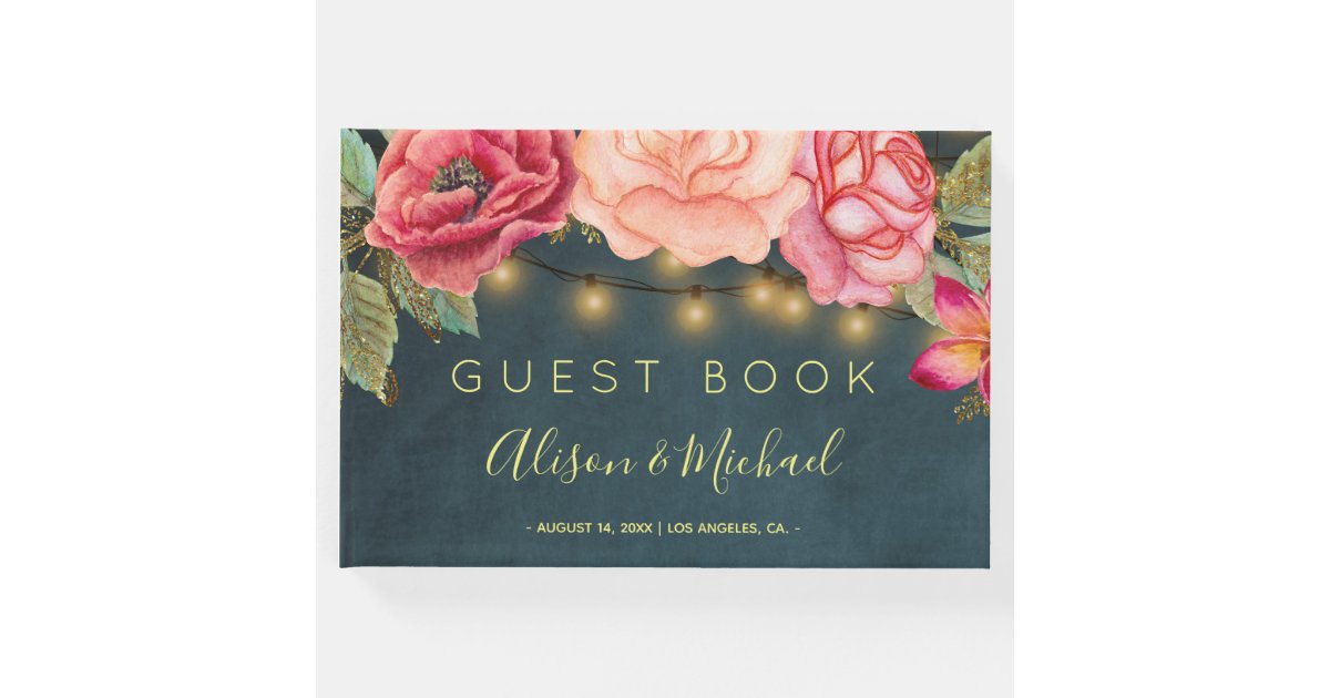 Blush Pink Roses Navy Blue String Lights Wedding Guest Book