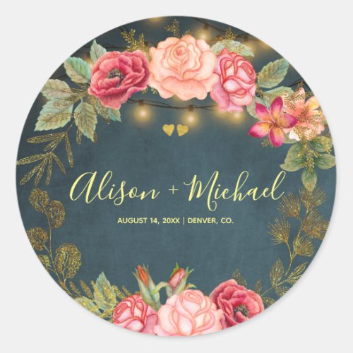 Blush pink roses navy chalkboard hearts wedding classic round sticker