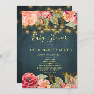 Blush pink roses navy gold lights baby shower invitation