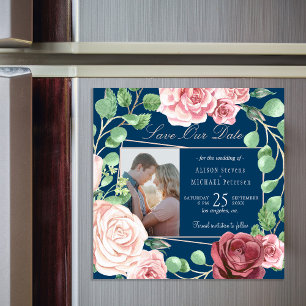 Blush pink roses navy wedding photo save date magnetic invitation