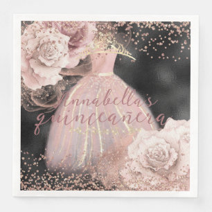 Blush Pink Roses on Black & Gold Quinceañera Paper Dinner Napkins