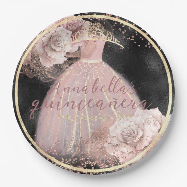 Blush Pink Roses on Black & Gold Quinceañera Paper Plates (Front)