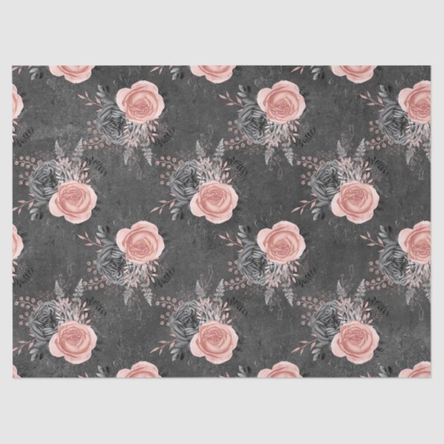 Blush Pink Roses on Charcoal Decoupage Tissue Paper (Front)