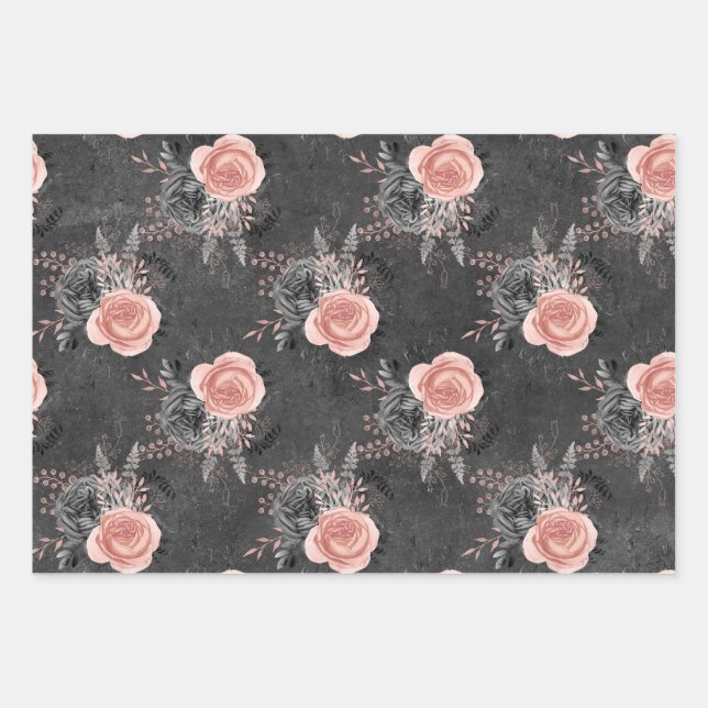 Blush Pink Roses on Charcoal Wrapping Paper Sheets (Front)
