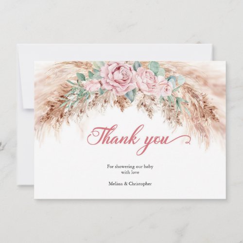 Blush pink roses pampas grass greenery baby shower thank you card