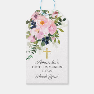 Blush Pink Roses & Peonies First Communion Favor Gift Tags