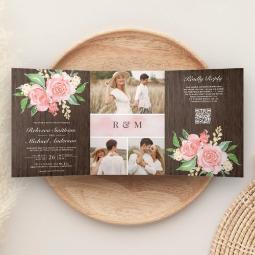 Blush Pink Roses Photo Barn Wood QR Code Wedding Tri-Fold Invitation