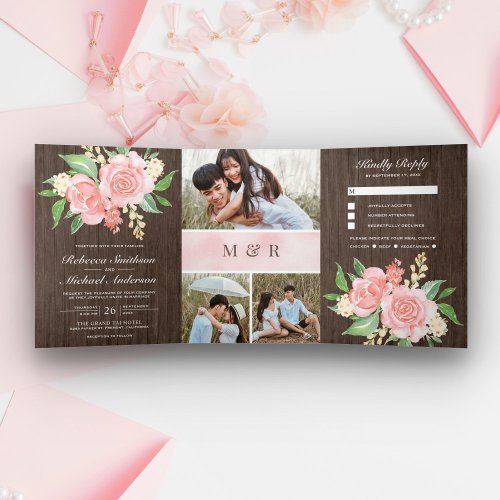 Blush Pink Roses Photo Collage Barn Wood Wedding Tri_Fold Invitation