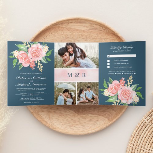 Blush Pink Roses Photo Collage Dusty Blue Wedding Tri_Fold Invitation