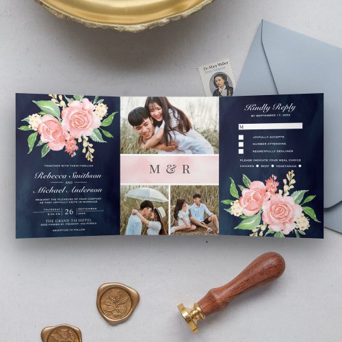 Blush Pink Roses Photo Collage Navy Blue Wedding Tri_Fold Invitation