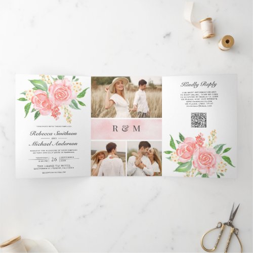 Blush Pink Roses Photo Collage QR Code Wedding Tri-Fold Invitation