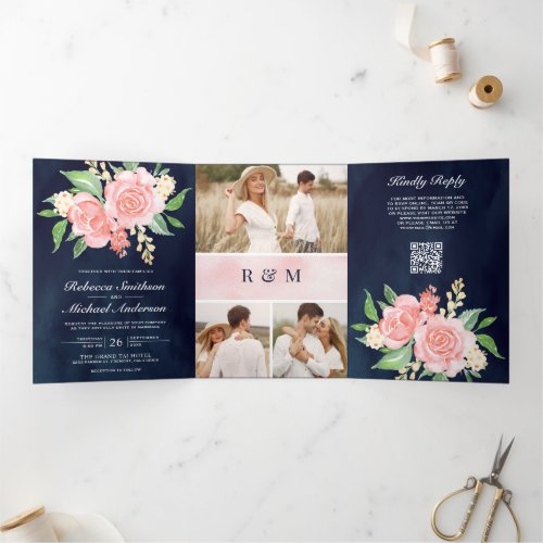 Blush Pink Roses Photo Navy Blue QR Code Wedding Tri-Fold Invitation