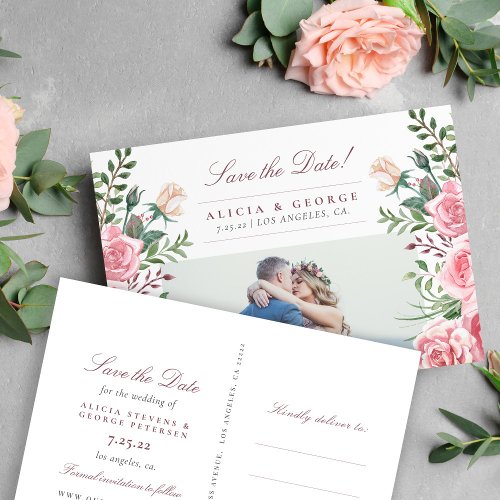 Blush pink roses photo wedding save the date announcement postcard