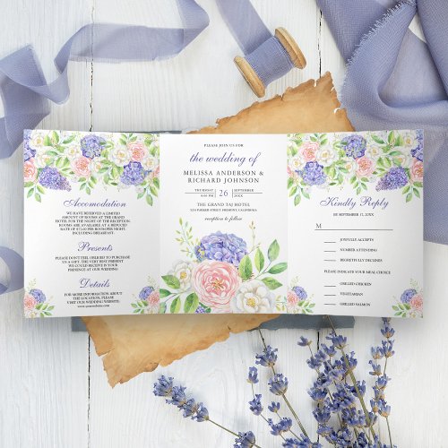 Blush Pink Roses Purple Hydrangea Floral Wedding Tri_Fold Invitation
