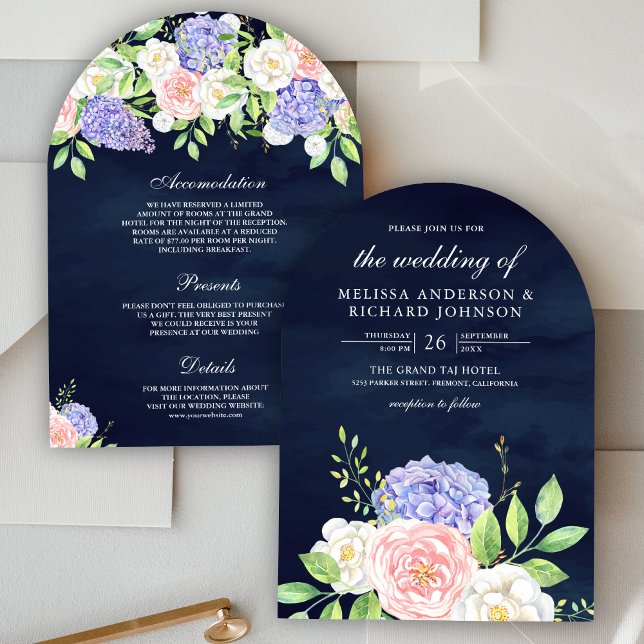 Blush Pink Roses Purple Hydrangea Navy Wedding   Invitation (Creator Uploaded)