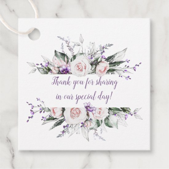 Blush Pink Roses Purple Wildflowers Frame Wedding Favor Tags