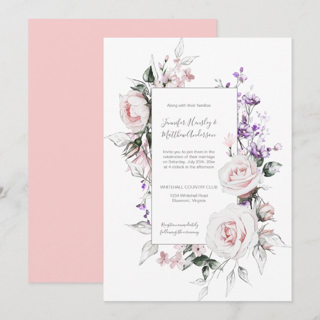 Blush Pink Roses Purple Wildflowers Frame Wedding Invitation (Front/Back)