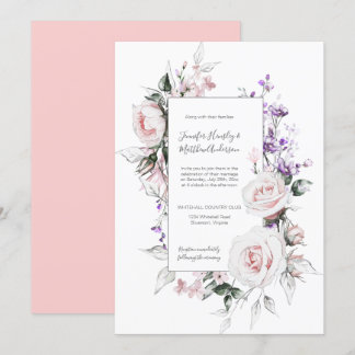 Blush Pink Roses Purple Wildflowers Frame Wedding Invitation