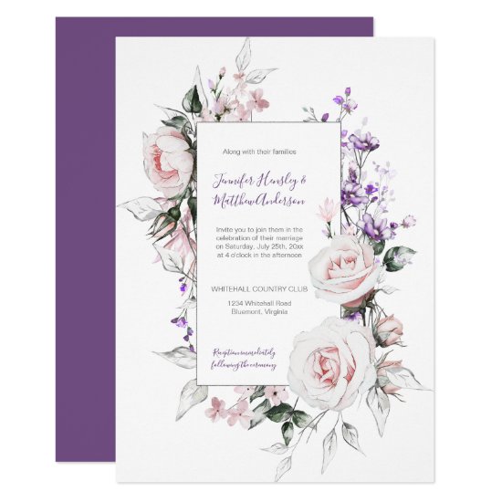 Blush Pink Roses Purple Wildflowers Frame Wedding Invitation