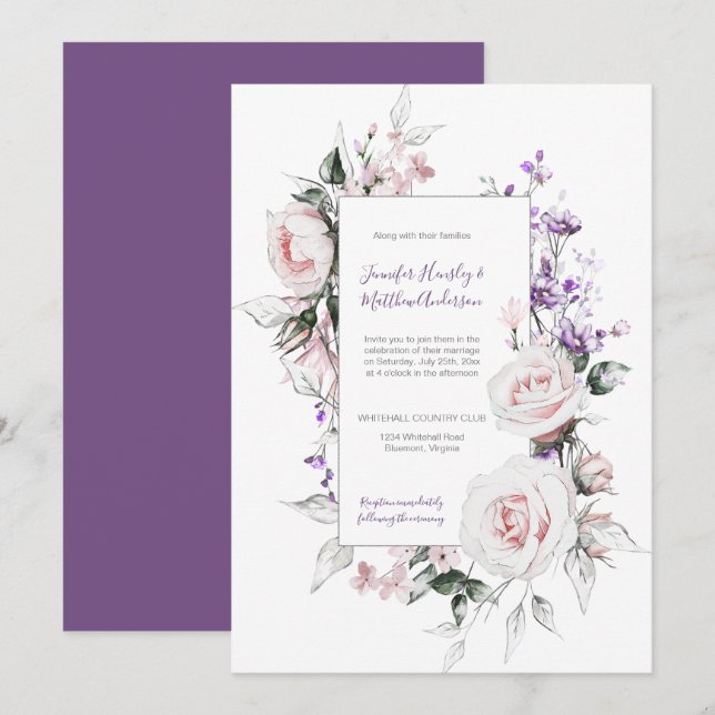 Blush Pink Roses Purple Wildflowers Frame Wedding Invitation (Front/Back)