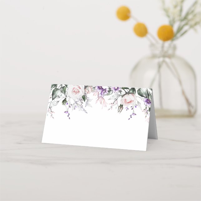 Blush Pink Roses Purple Wildflowers Placecards (Front)
