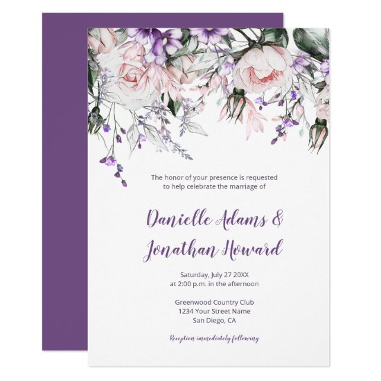 Blush Pink Roses Purple Wildflowers Wedding Invitation
