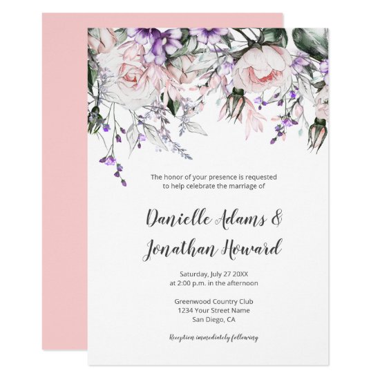 Blush Pink Roses Purple Wildflowers Wedding Invitation