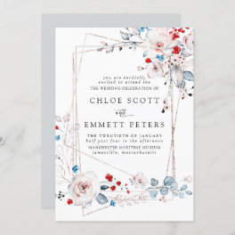 Blush Pink Roses Red and Blue Flowers Wedding Invitation