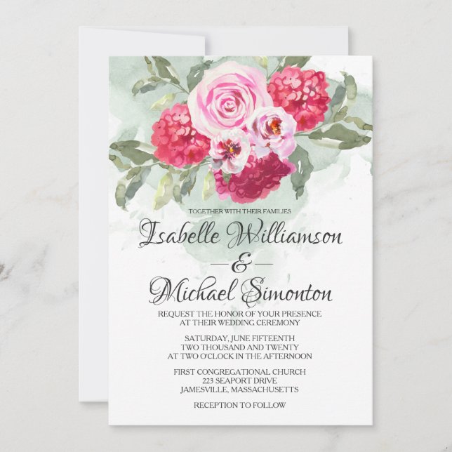 Blush Pink Roses Red Hydrangeas Wedding Invitation (Front)