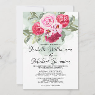 Blush Pink Roses Red Hydrangeas Wedding Invitation