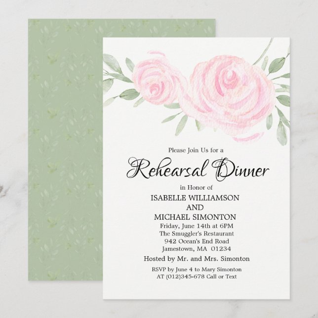 Blush Pink Roses Rehearsal Dinner Invitations (Front/Back)