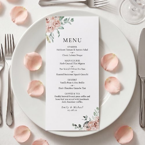 Blush Pink Roses Romantic Wedding Flat Menu