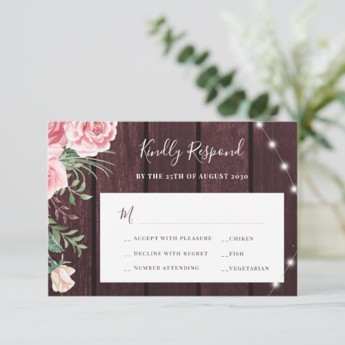 Blush pink roses rustic burgundy wood wedding RSVP card