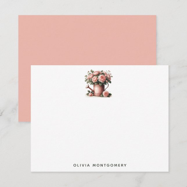Blush Pink Roses Rustic Watering Can Personal Note Card (Front/Back)