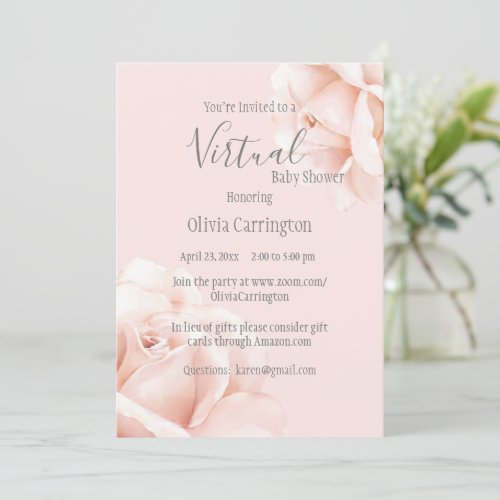 Blush Pink Roses Script Baby Shower by Virtual Invitation