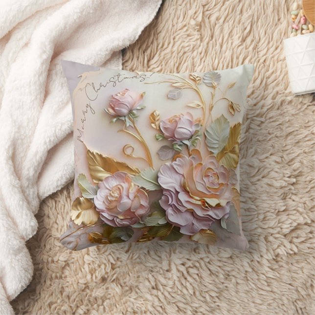 Blush Pink Roses Sculpture Throw Pillow (Blanket)