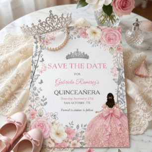 Blush Pink Roses Silver Quinceañera  Save the Date
