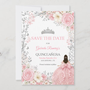 Blush Pink Roses Silver Quinceañera Save the Date