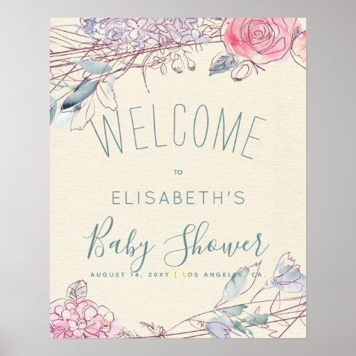 Blush pink roses sketch baby shower welcome sign