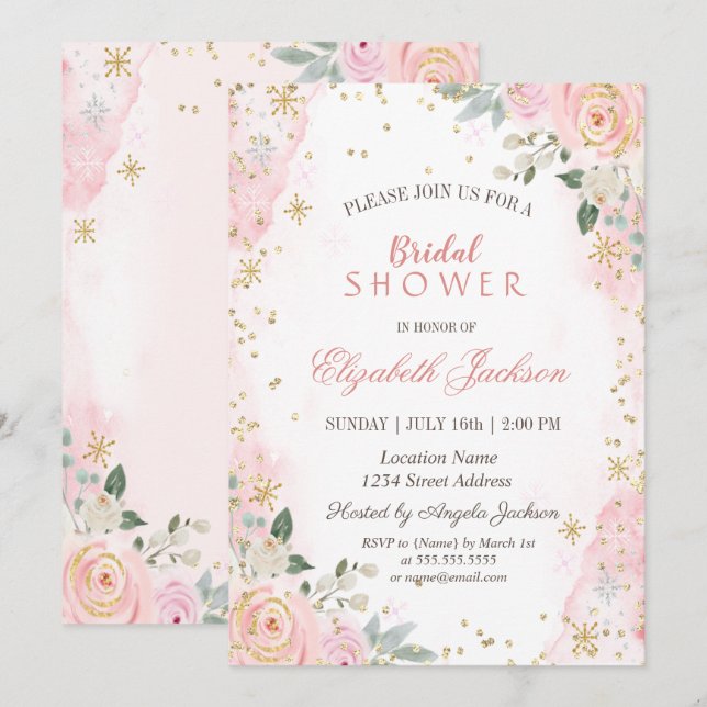 Blush Pink Roses Snowflakes Bridal Shower  Invitation (Front/Back)