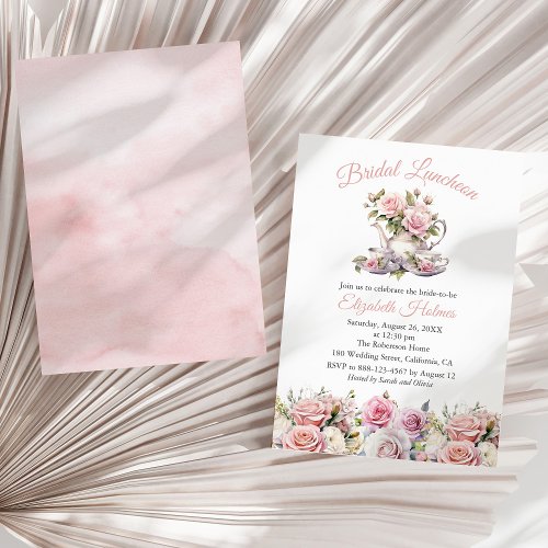 Blush Pink Roses Tea Set Bridal Luncheon Invitation