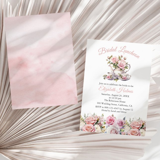 Blush Pink Roses Tea Set Bridal Luncheon Invitation (Blush Pink Roses Tea Set Bridal Luncheon Invitation on  a sunny neutral dry palm leaf.)