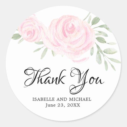 Blush Pink Roses Thank You Wedding Classic Round Sticker