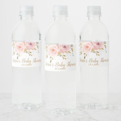 Blush Pink Roses Vintage Floral Baby Shower Water Bottle Label