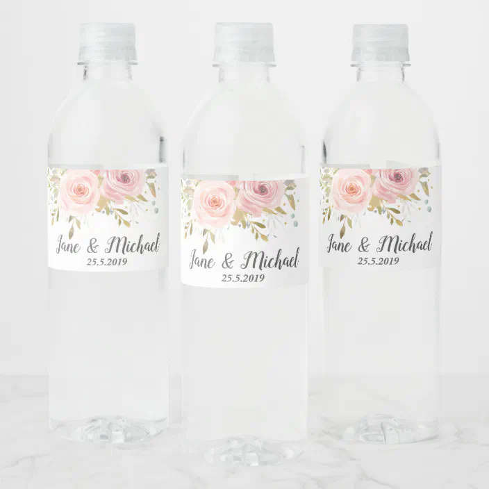 blush pink roses vintage floral wedding water bottle label zazzle com